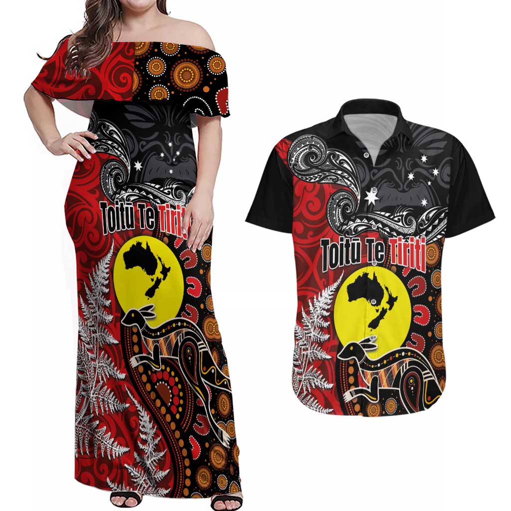 Aotearoa and Australia Toitu Te Tiriti Couples Matching Off Shoulder Maxi Dress and Hawaiian Shirt Honour the Treaty - Te Tiriti Is Us