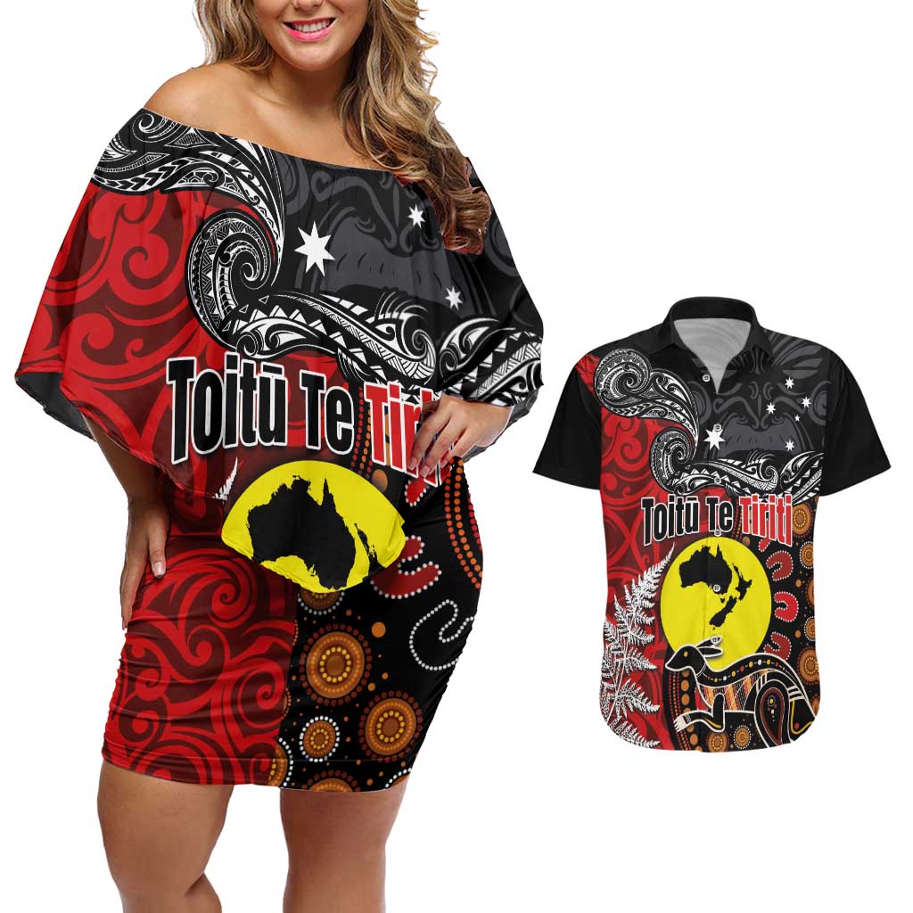 Aotearoa and Australia Toitu Te Tiriti Couples Matching Off Shoulder Short Dress and Hawaiian Shirt Honour the Treaty - Te Tiriti Is Us