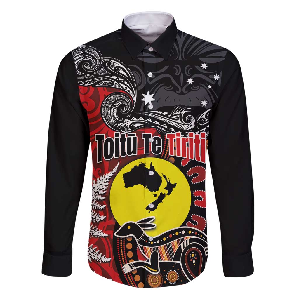 Aotearoa and Australia Toitu Te Tiriti Family Matching Long Sleeve Bodycon Dress and Hawaiian Shirt Honour the Treaty - Te Tiriti Is Us LT03 Dad's Shirt - Long Sleeve Black - Polynesian Pride