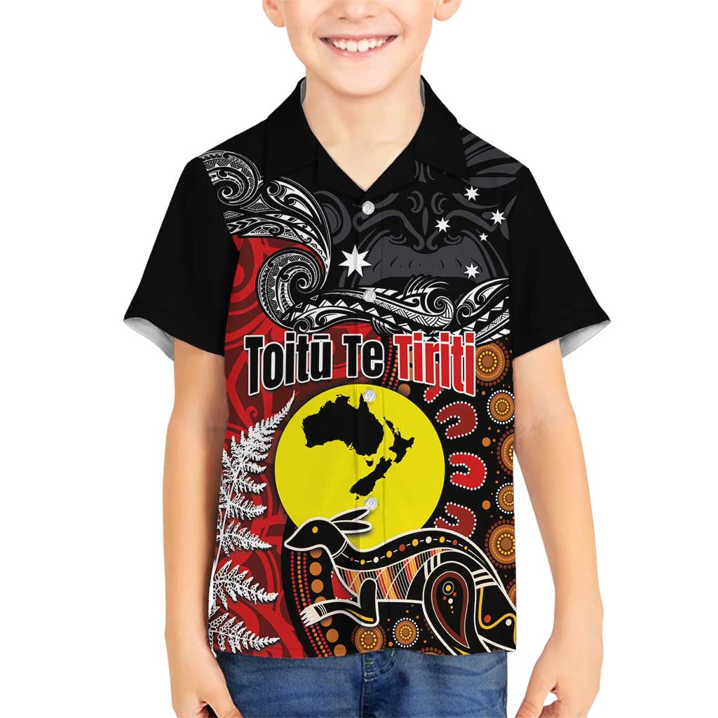 Aotearoa and Australia Toitu Te Tiriti Family Matching Long Sleeve Bodycon Dress and Hawaiian Shirt Honour the Treaty - Te Tiriti Is Us LT03 Son's Shirt Black - Polynesian Pride