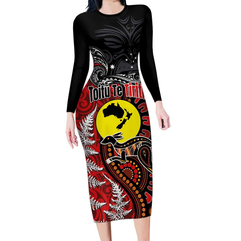 Aotearoa and Australia Toitu Te Tiriti Long Sleeve Bodycon Dress Honour the Treaty - Te Tiriti Is Us LT03 Long Dress Black - Polynesian Pride