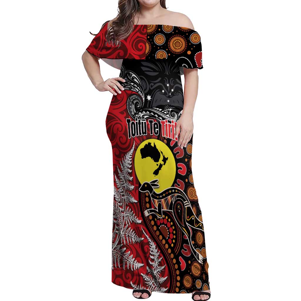 Aotearoa and Australia Toitu Te Tiriti Off Shoulder Maxi Dress Honour the Treaty - Te Tiriti Is Us