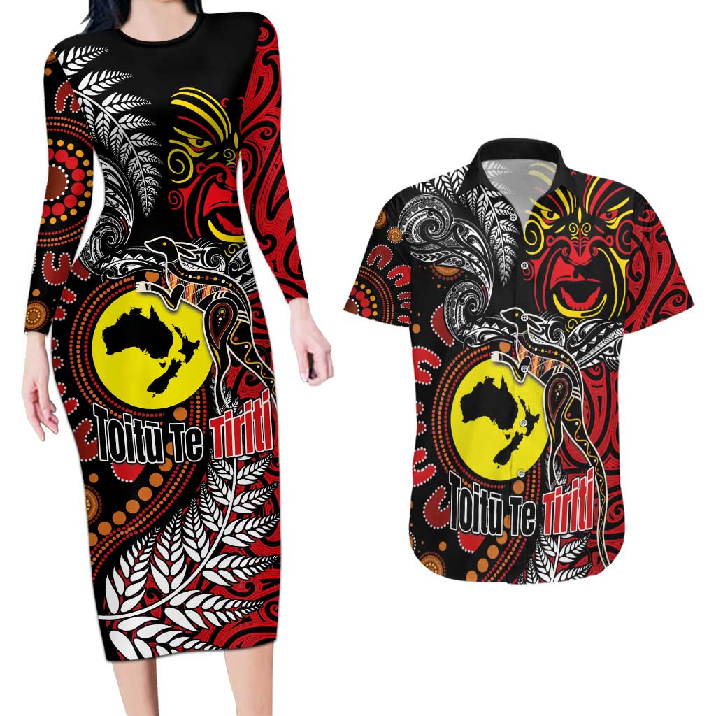 Aotearoa and Australia Toitu Te Tiriti Couples Matching Long Sleeve Bodycon Dress and Hawaiian Shirt Honour the Treaty - Stand Together Stand Stronger