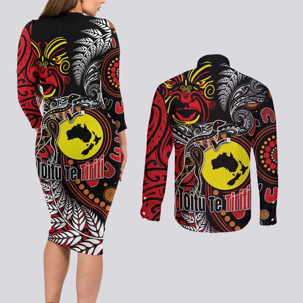 Aotearoa and Australia Toitu Te Tiriti Couples Matching Long Sleeve Bodycon Dress and Long Sleeve Button Shirt Honour the Treaty - Stand Together Stand Stronger