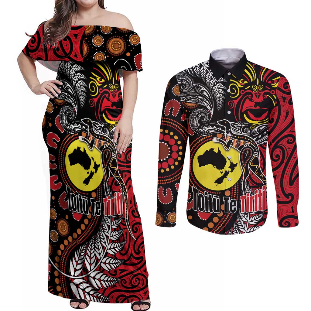 Aotearoa and Australia Toitu Te Tiriti Couples Matching Off Shoulder Maxi Dress and Long Sleeve Button Shirt Honour the Treaty - Stand Together Stand Stronger