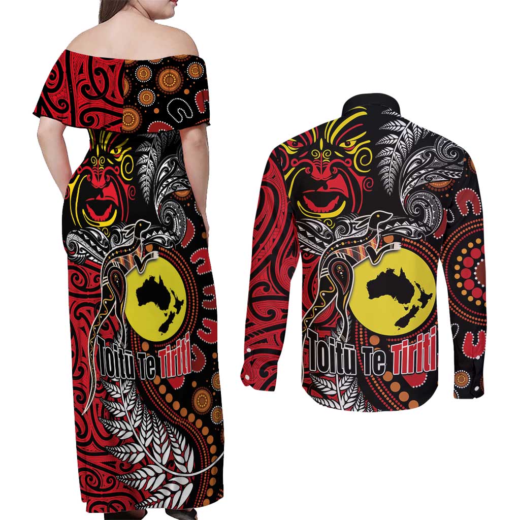 Aotearoa and Australia Toitu Te Tiriti Couples Matching Off Shoulder Maxi Dress and Long Sleeve Button Shirt Honour the Treaty - Stand Together Stand Stronger