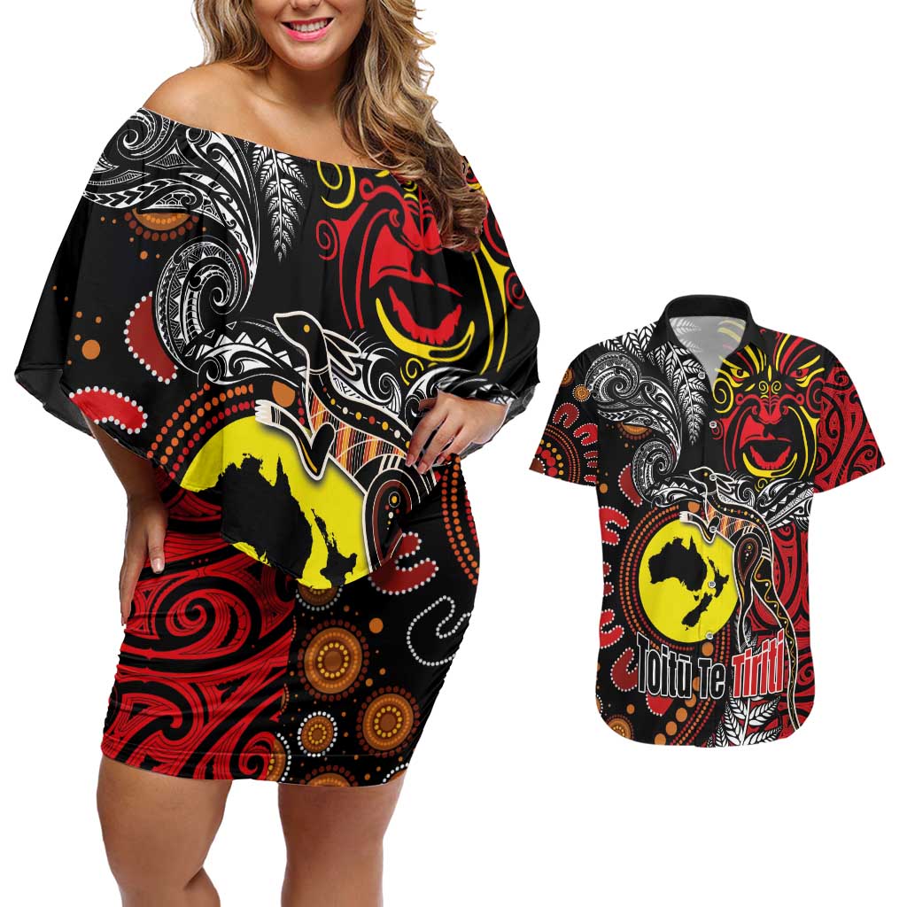 Aotearoa and Australia Toitu Te Tiriti Couples Matching Off Shoulder Short Dress and Hawaiian Shirt Honour the Treaty - Stand Together Stand Stronger