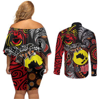 Aotearoa and Australia Toitu Te Tiriti Couples Matching Off Shoulder Short Dress and Long Sleeve Button Shirt Honour the Treaty - Stand Together Stand Stronger