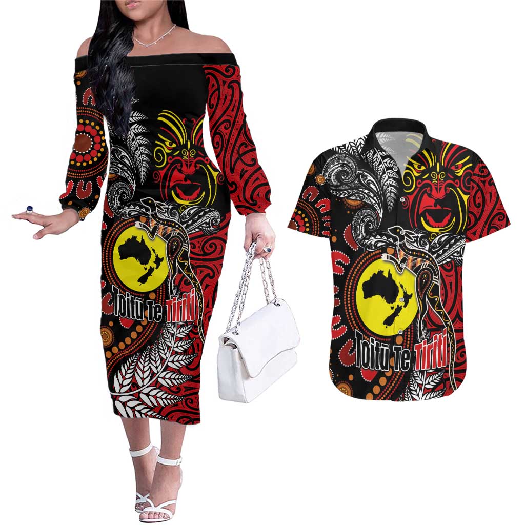 Aotearoa and Australia Toitu Te Tiriti Couples Matching Off The Shoulder Long Sleeve Dress and Hawaiian Shirt Honour the Treaty - Stand Together Stand Stronger