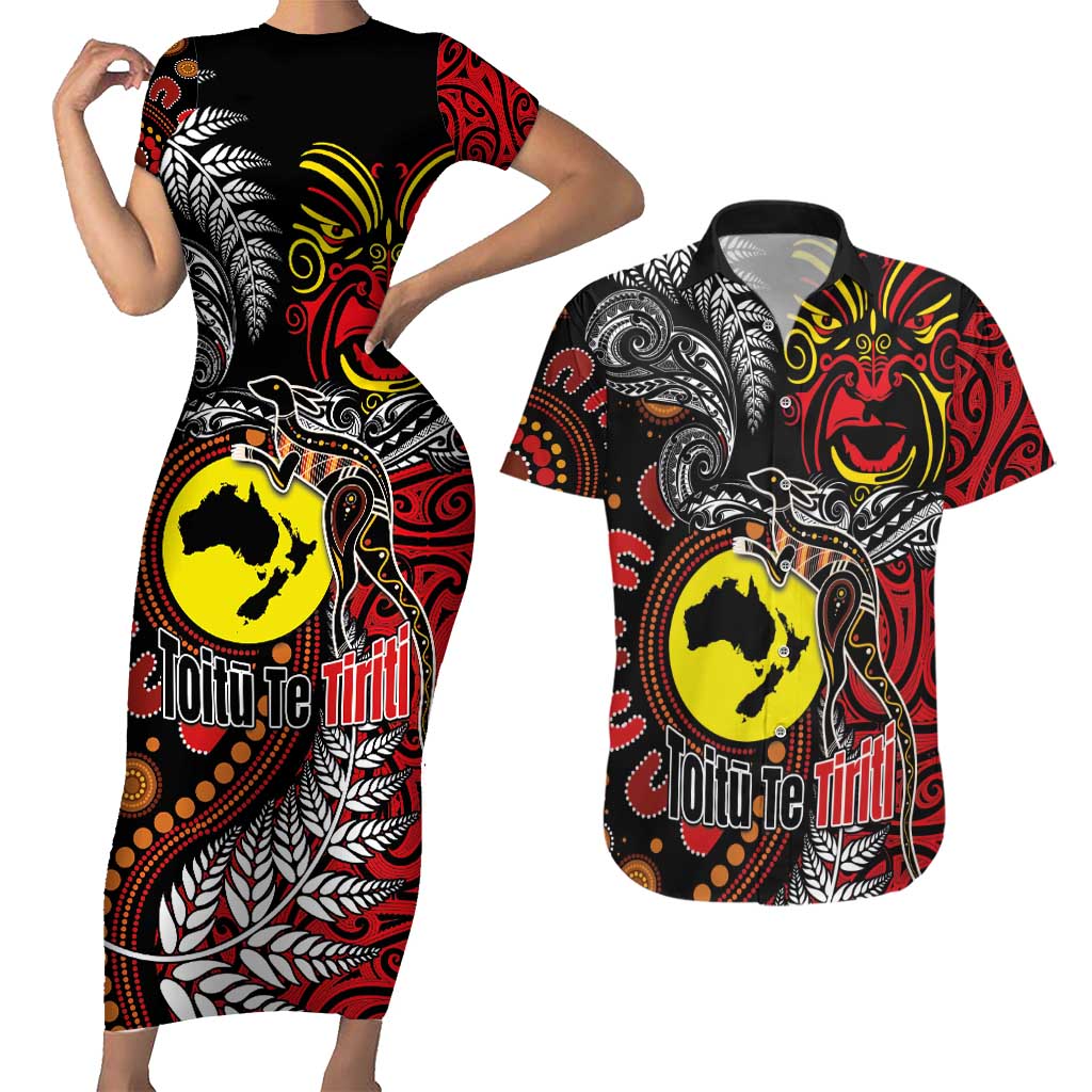 Aotearoa and Australia Toitu Te Tiriti Couples Matching Short Sleeve Bodycon Dress and Hawaiian Shirt Honour the Treaty - Stand Together Stand Stronger