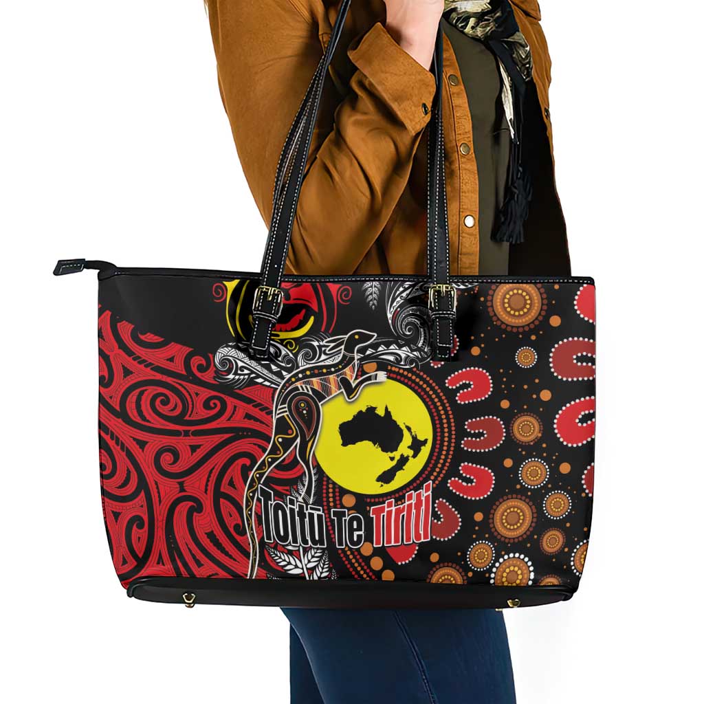 Aotearoa and Australia Toitu Te Tiriti Leather Tote Bag Honour the Treaty - Stand Together Stand Stronger LT03 - Polynesian Pride