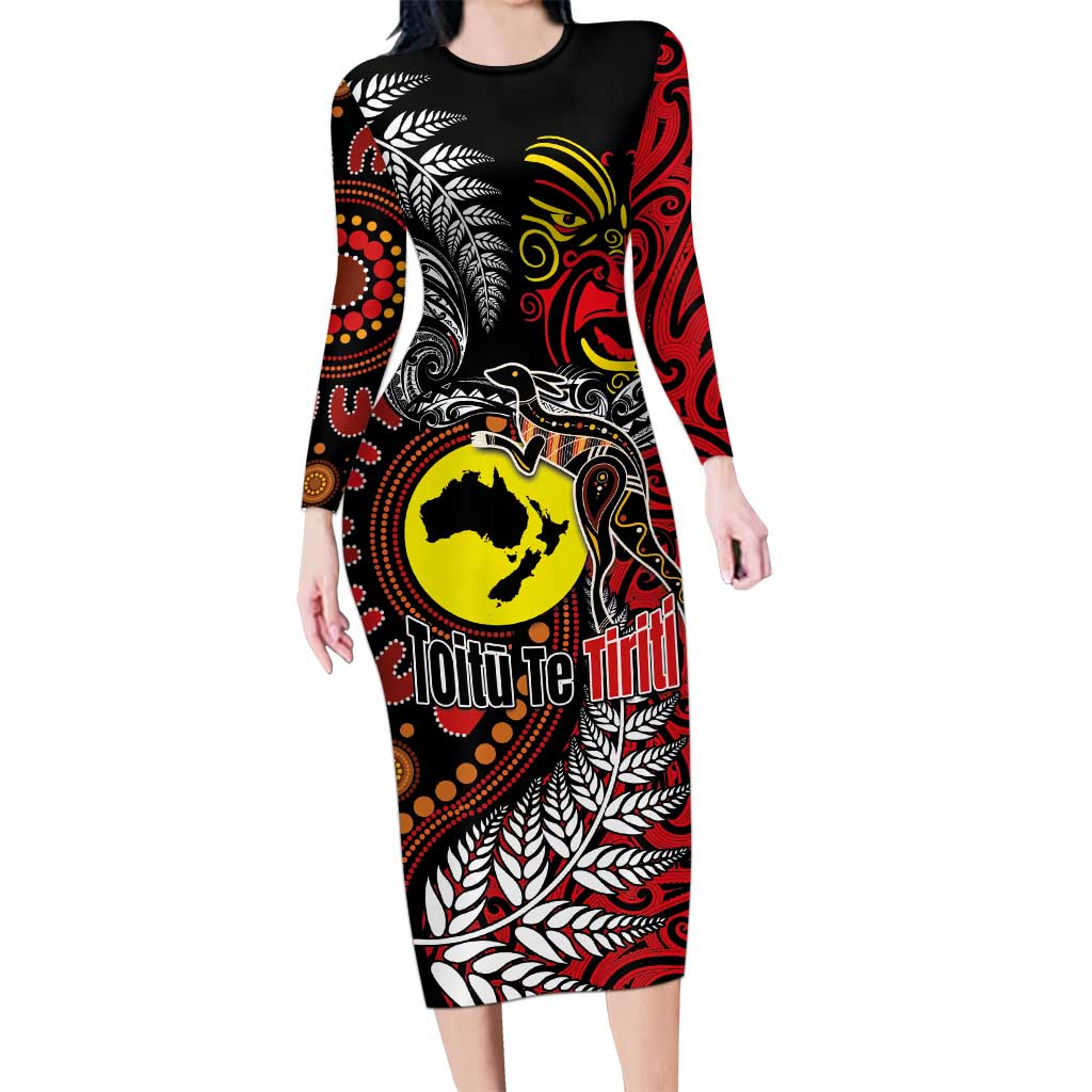 Aotearoa and Australia Toitu Te Tiriti Long Sleeve Bodycon Dress Honour the Treaty - Stand Together Stand Stronger LT03 Long Dress Black - Polynesian Pride