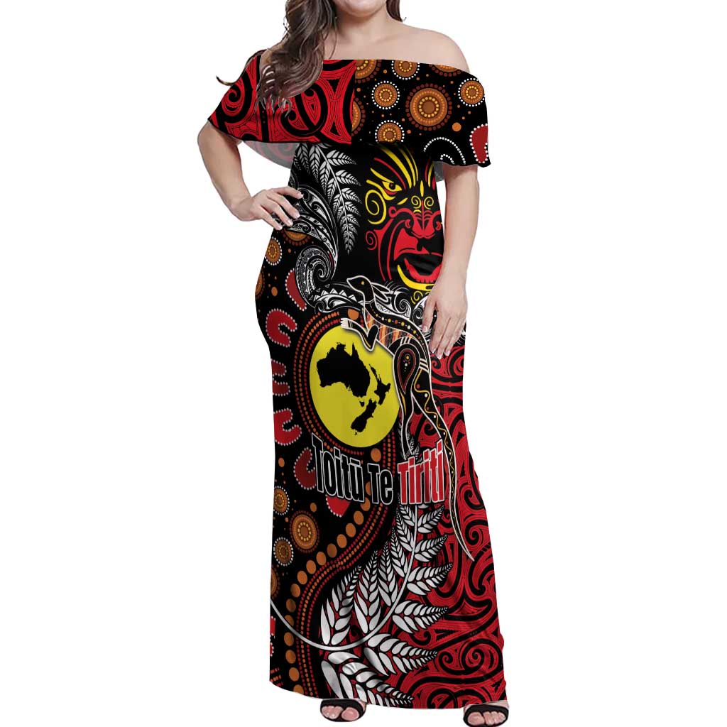 Aotearoa and Australia Toitu Te Tiriti Off Shoulder Maxi Dress Honour the Treaty - Stand Together Stand Stronger