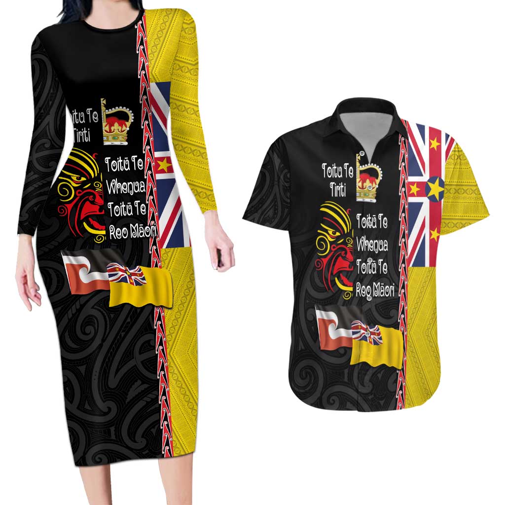 Aotearoa and Niue Toitu Te Tiriti Couples Matching Long Sleeve Bodycon Dress and Hawaiian Shirt Honour the Treaty - Fight Together Stand Together