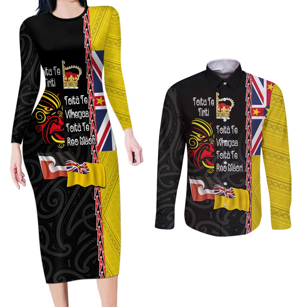 Aotearoa and Niue Toitu Te Tiriti Couples Matching Long Sleeve Bodycon Dress and Long Sleeve Button Shirt Honour the Treaty - Fight Together Stand Together