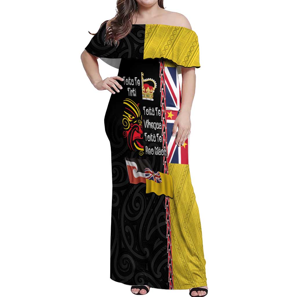 Aotearoa and Niue Toitu Te Tiriti Off Shoulder Maxi Dress Honour the Treaty - Fight Together Stand Together