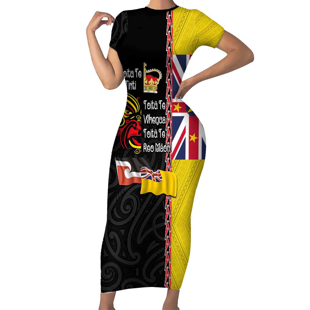 Aotearoa and Niue Toitu Te Tiriti Short Sleeve Bodycon Dress Honour the Treaty - Fight Together Stand Together