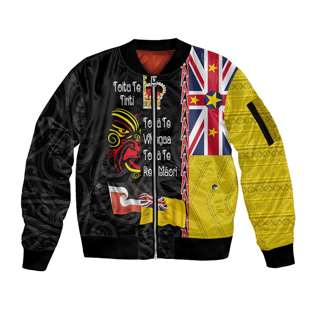 Aotearoa and Niue Toitu Te Tiriti Sleeve Zip Bomber Jacket Honour the Treaty - Fight Together Stand Together