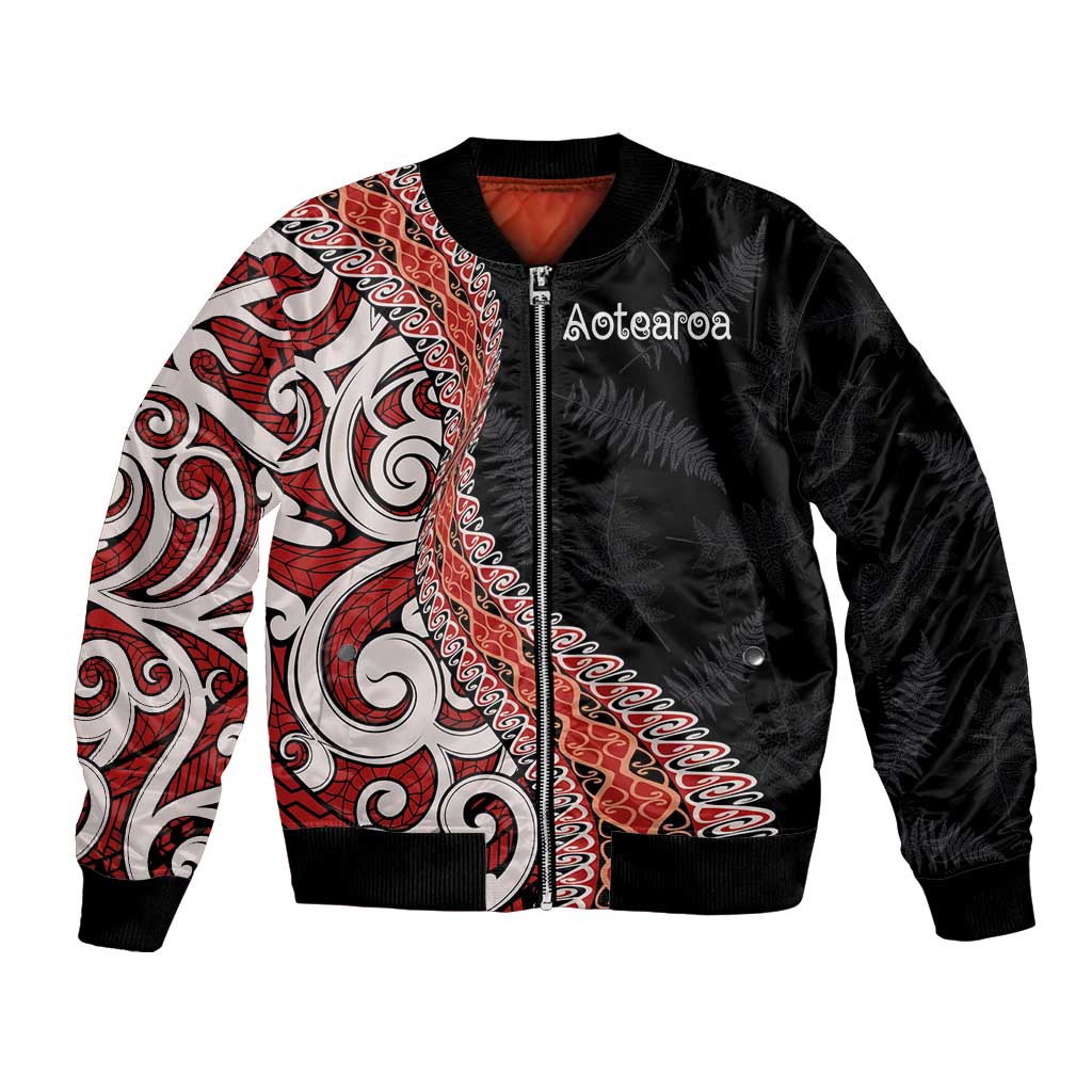Aotearoa Maori Stylized Koru - Silver Ferns Bomber Jacket LT03 Unisex Red - Polynesian Pride