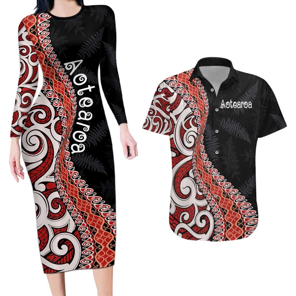 Aotearoa Maori Stylized Koru - Silver Ferns Couples Matching Long Sleeve Bodycon Dress and Hawaiian Shirt