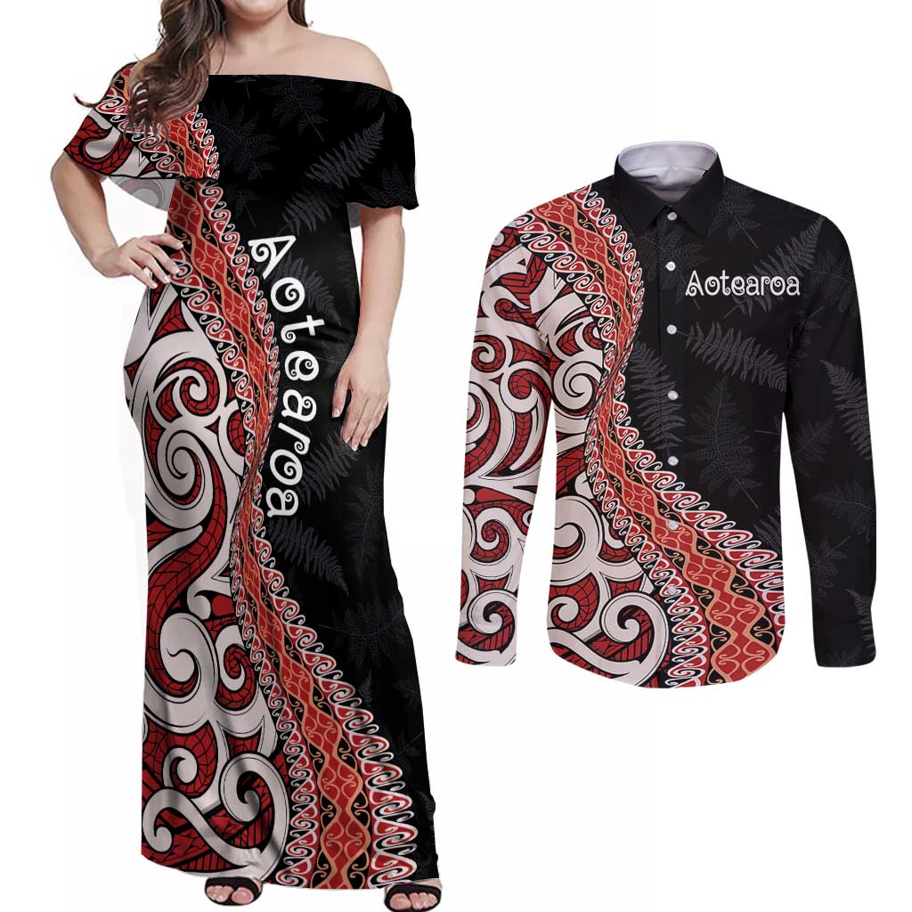 Aotearoa Maori Stylized Koru - Silver Ferns Couples Matching Off Shoulder Maxi Dress and Long Sleeve Button Shirt