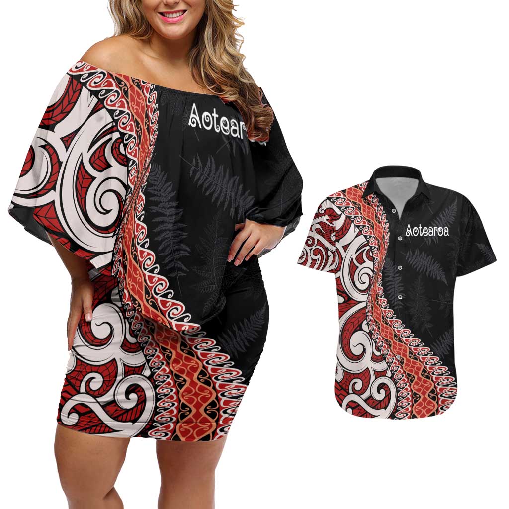 Aotearoa Maori Stylized Koru - Silver Ferns Couples Matching Off Shoulder Short Dress and Hawaiian Shirt