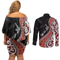 Aotearoa Maori Stylized Koru - Silver Ferns Couples Matching Off Shoulder Short Dress and Long Sleeve Button Shirt
