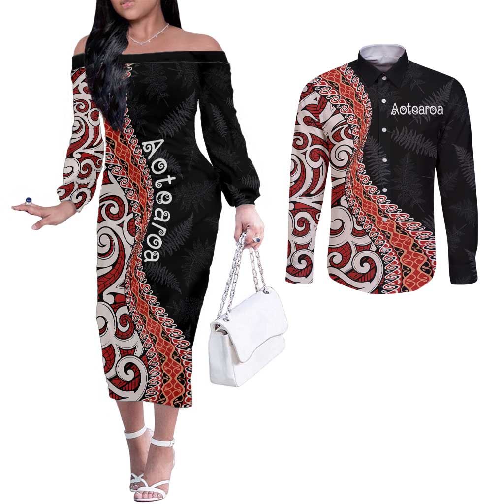 Aotearoa Maori Stylized Koru - Silver Ferns Couples Matching Off The Shoulder Long Sleeve Dress and Long Sleeve Button Shirt