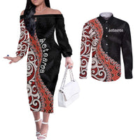 Aotearoa Maori Stylized Koru - Silver Ferns Couples Matching Off The Shoulder Long Sleeve Dress and Long Sleeve Button Shirt