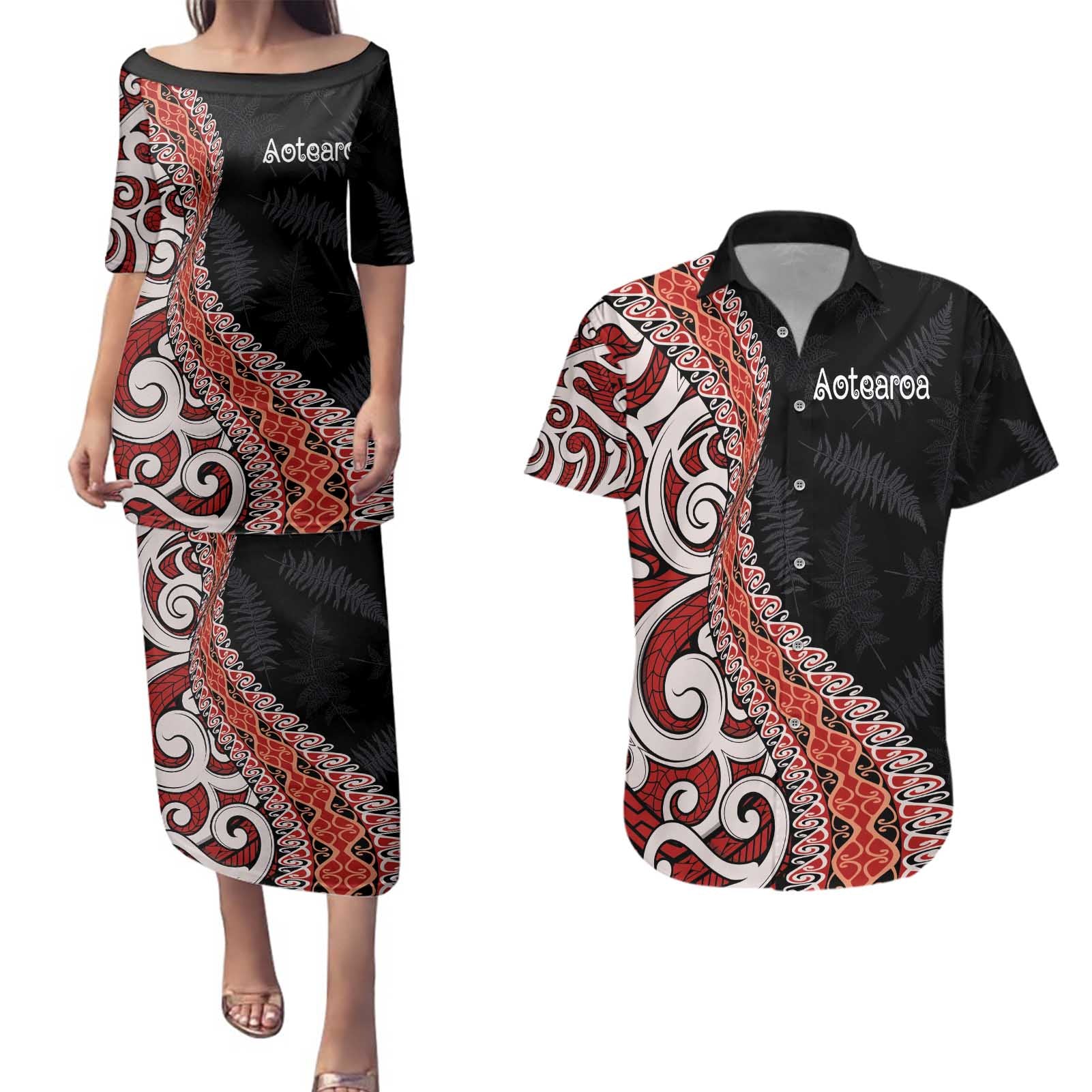 Aotearoa Maori Stylized Koru - Silver Ferns Couples Matching Puletasi and Hawaiian Shirt