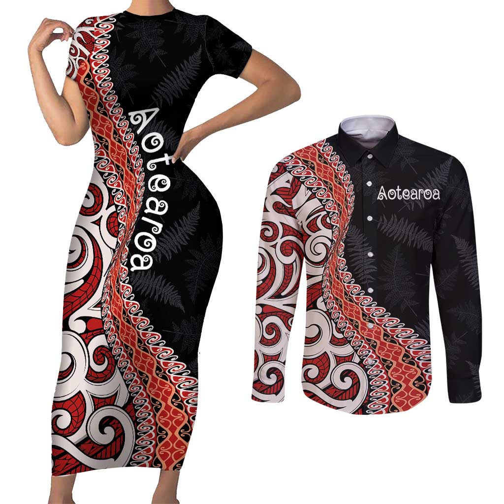 Aotearoa Maori Stylized Koru - Silver Ferns Couples Matching Short Sleeve Bodycon Dress and Long Sleeve Button Shirt