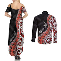 Aotearoa Maori Stylized Koru - Silver Ferns Couples Matching Summer Maxi Dress and Long Sleeve Button Shirt