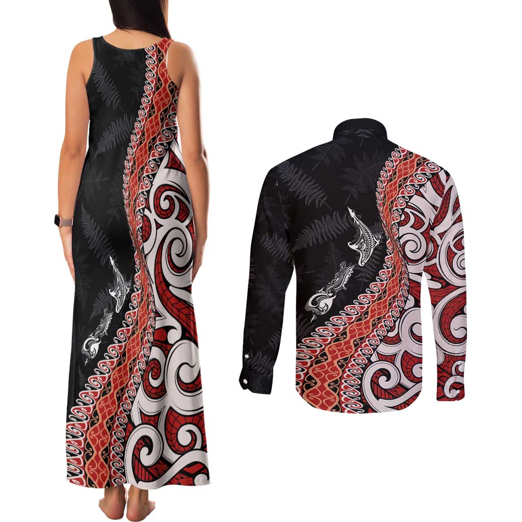 Aotearoa Maori Stylized Koru - Silver Ferns Couples Matching Tank Maxi Dress and Long Sleeve Button Shirt