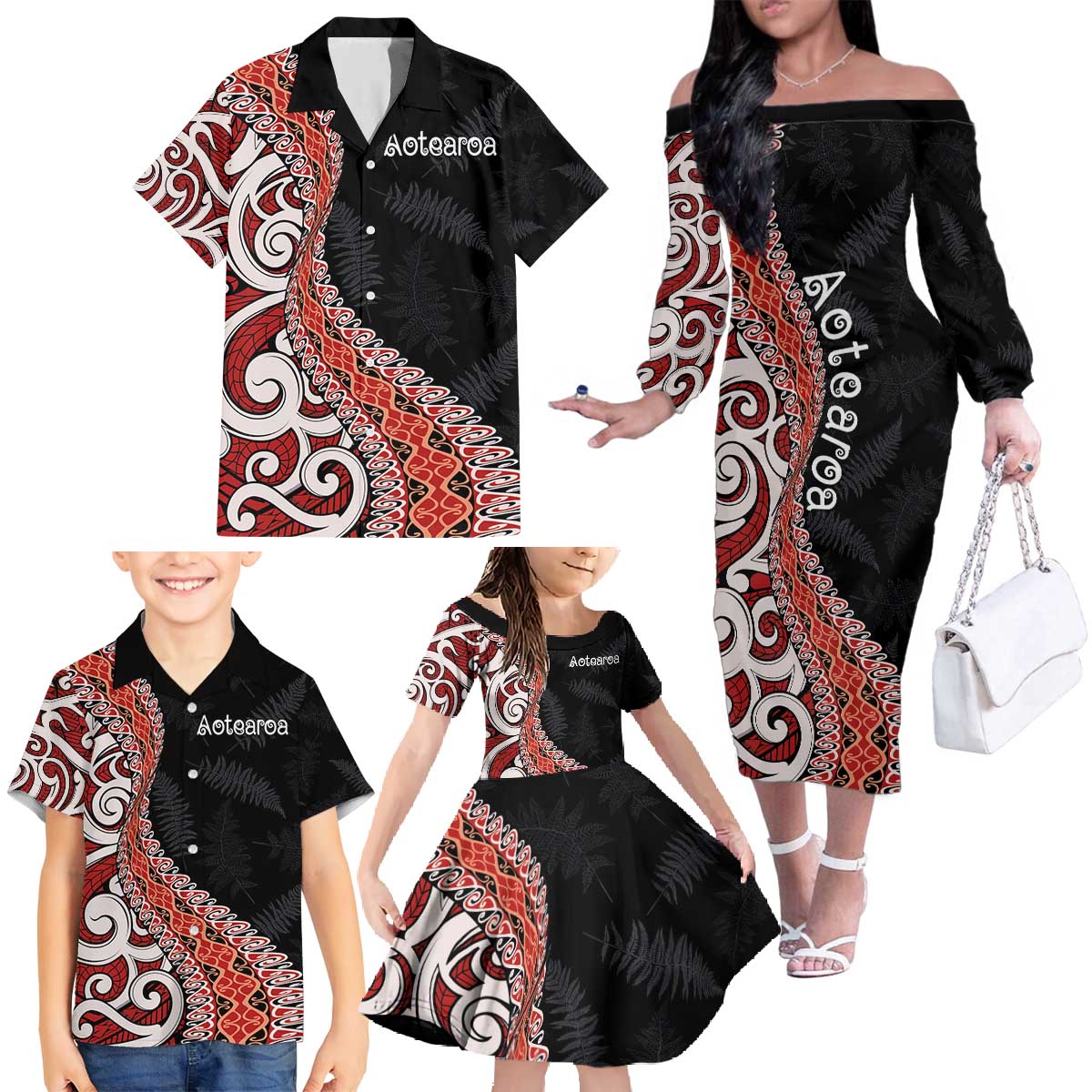 Aotearoa Maori Stylized Koru - Silver Ferns Family Matching Off The Shoulder Long Sleeve Dress and Hawaiian Shirt