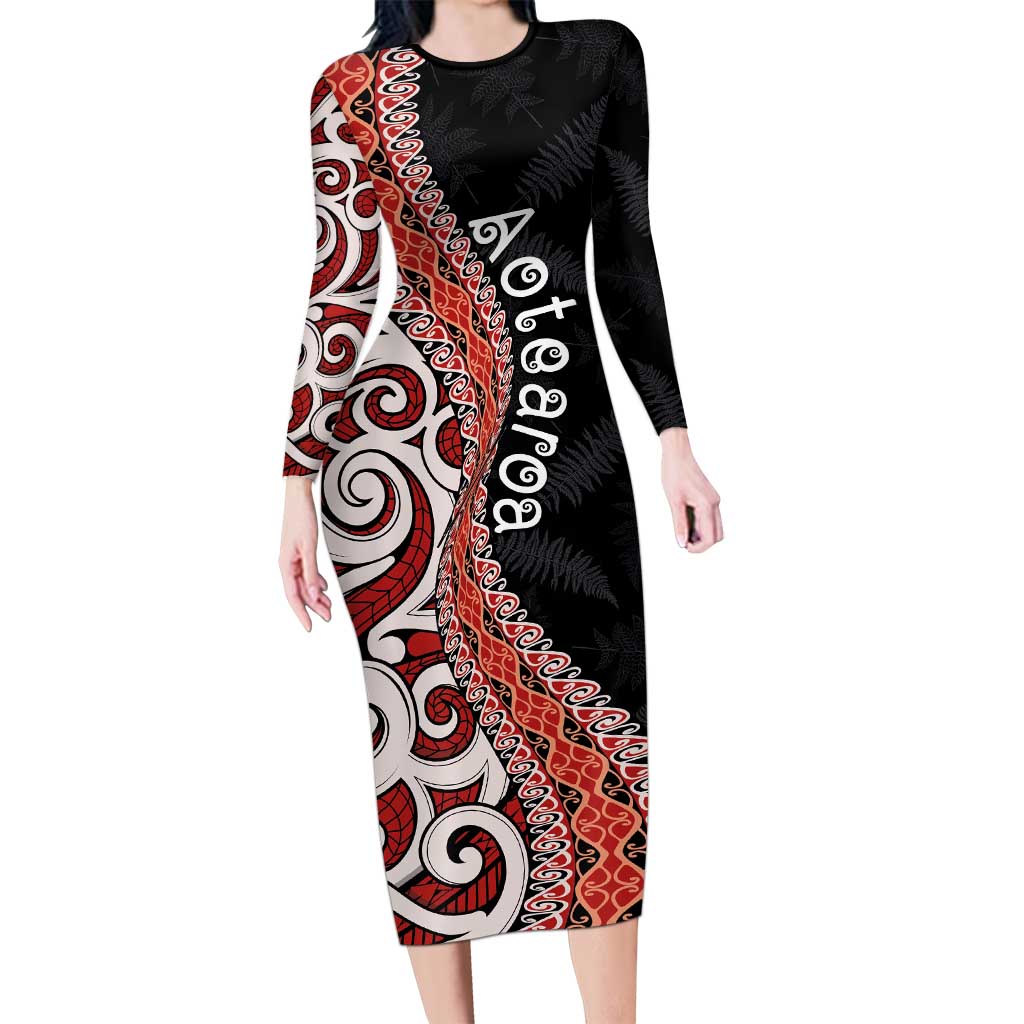 Aotearoa Maori Stylized Koru - Silver Ferns Long Sleeve Bodycon Dress