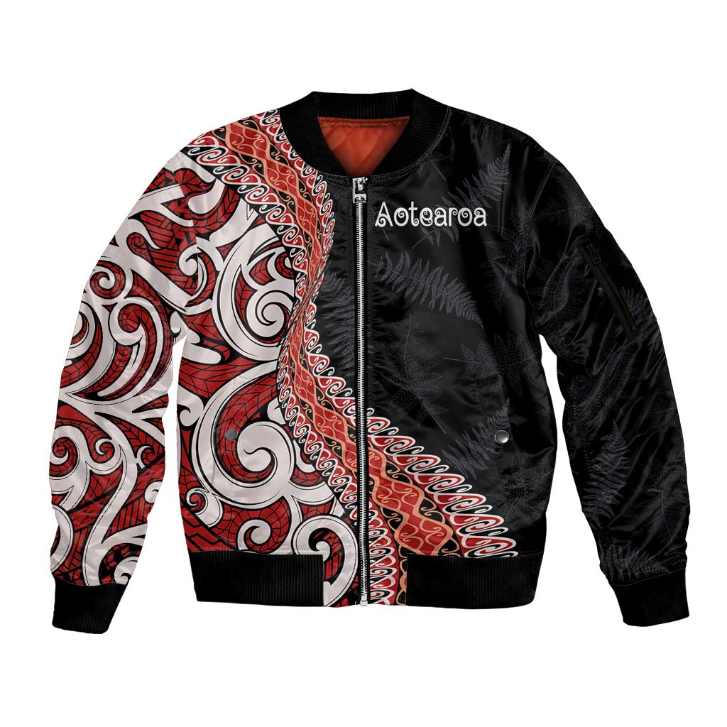 Aotearoa Maori Stylized Koru - Silver Ferns Sleeve Zip Bomber Jacket