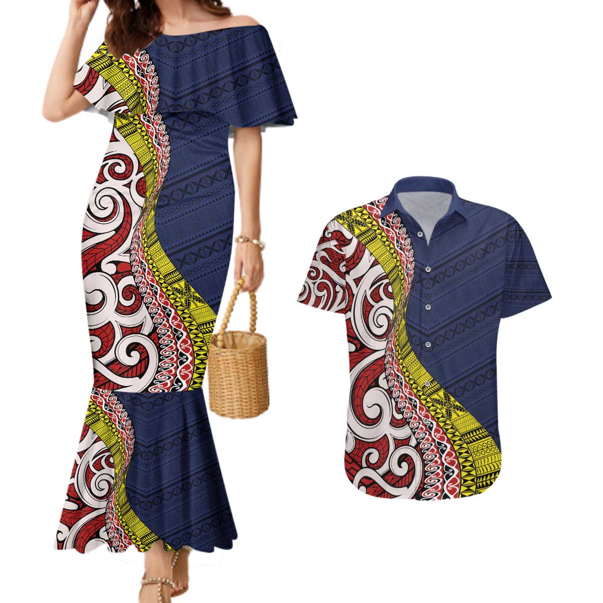 Aotearoa and Niue Couples Matching Mermaid Dress and Hawaiian Shirt Hiapo Maori Stylized Koru