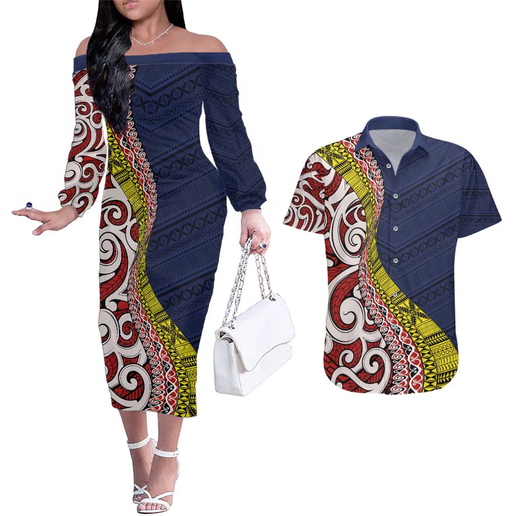 Aotearoa and Niue Couples Matching Off The Shoulder Long Sleeve Dress and Hawaiian Shirt Hiapo Maori Stylized Koru