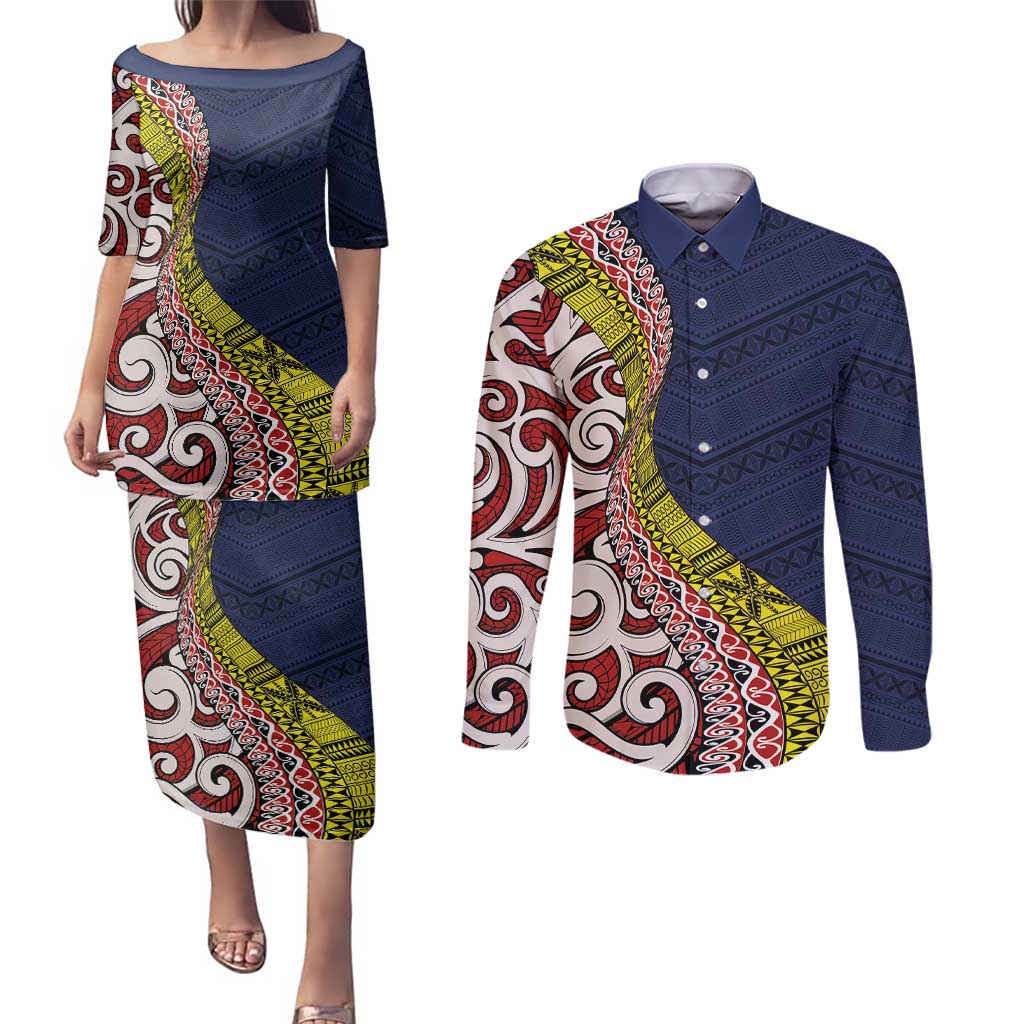 Aotearoa and Niue Couples Matching Puletasi and Long Sleeve Button Shirt Hiapo Maori Stylized Koru