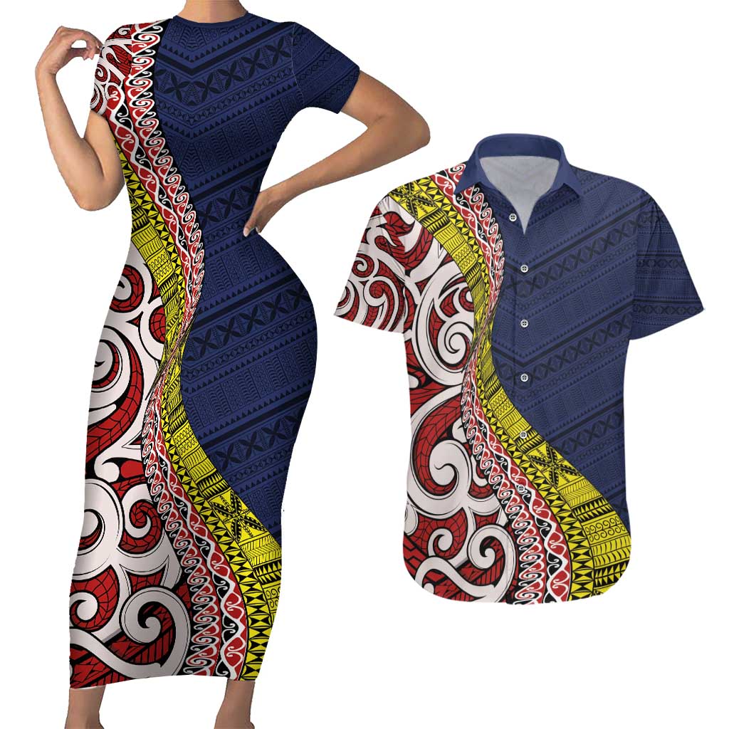 Aotearoa and Niue Couples Matching Short Sleeve Bodycon Dress and Hawaiian Shirt Hiapo Maori Stylized Koru