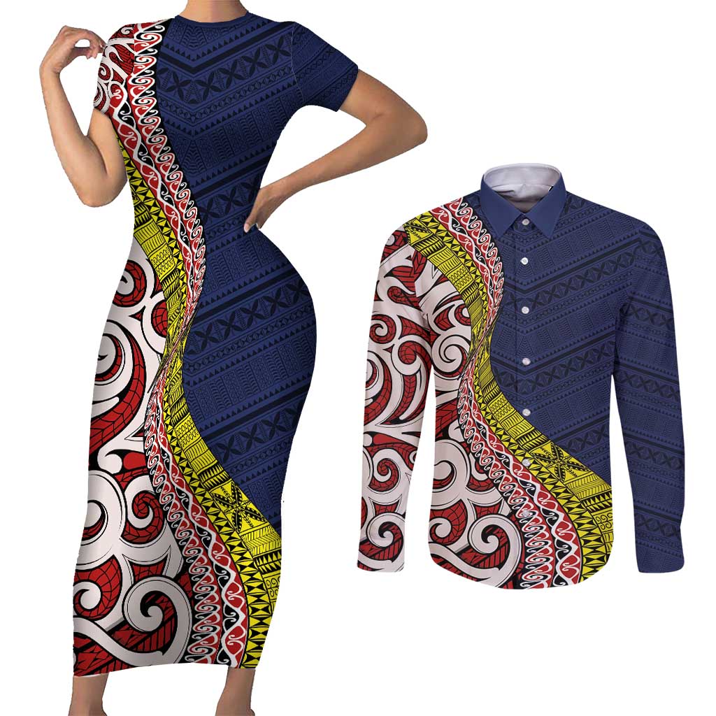 Aotearoa and Niue Couples Matching Short Sleeve Bodycon Dress and Long Sleeve Button Shirt Hiapo Maori Stylized Koru