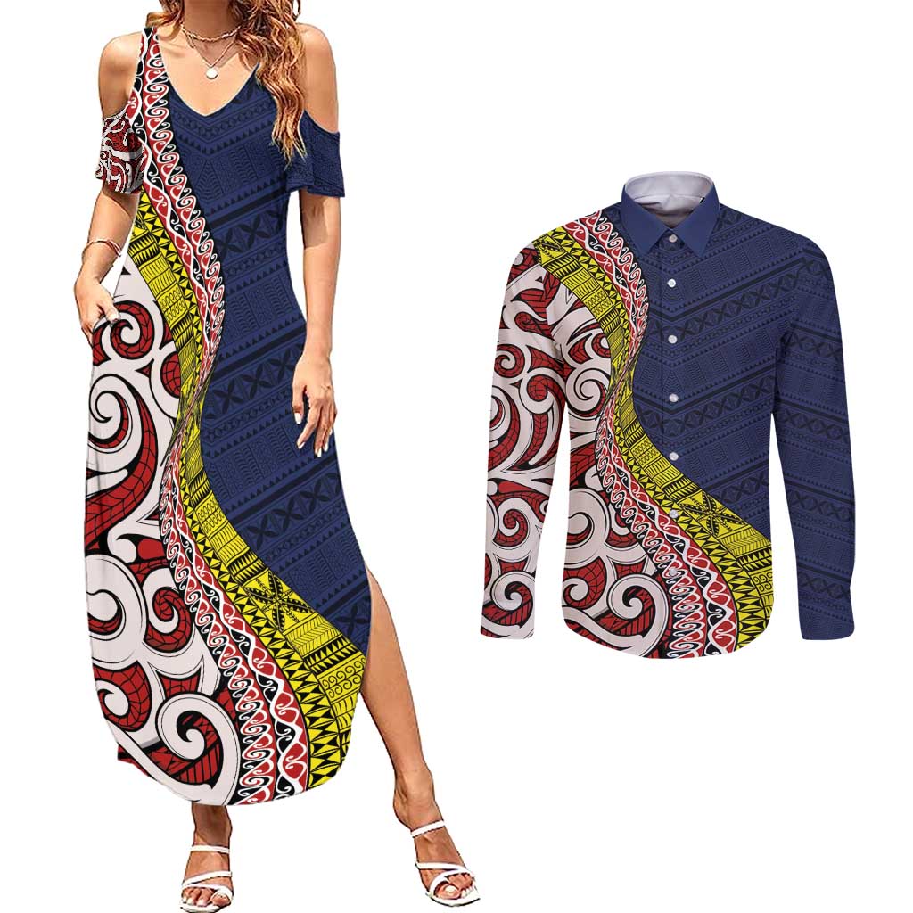 Aotearoa and Niue Couples Matching Summer Maxi Dress and Long Sleeve Button Shirt Hiapo Maori Stylized Koru