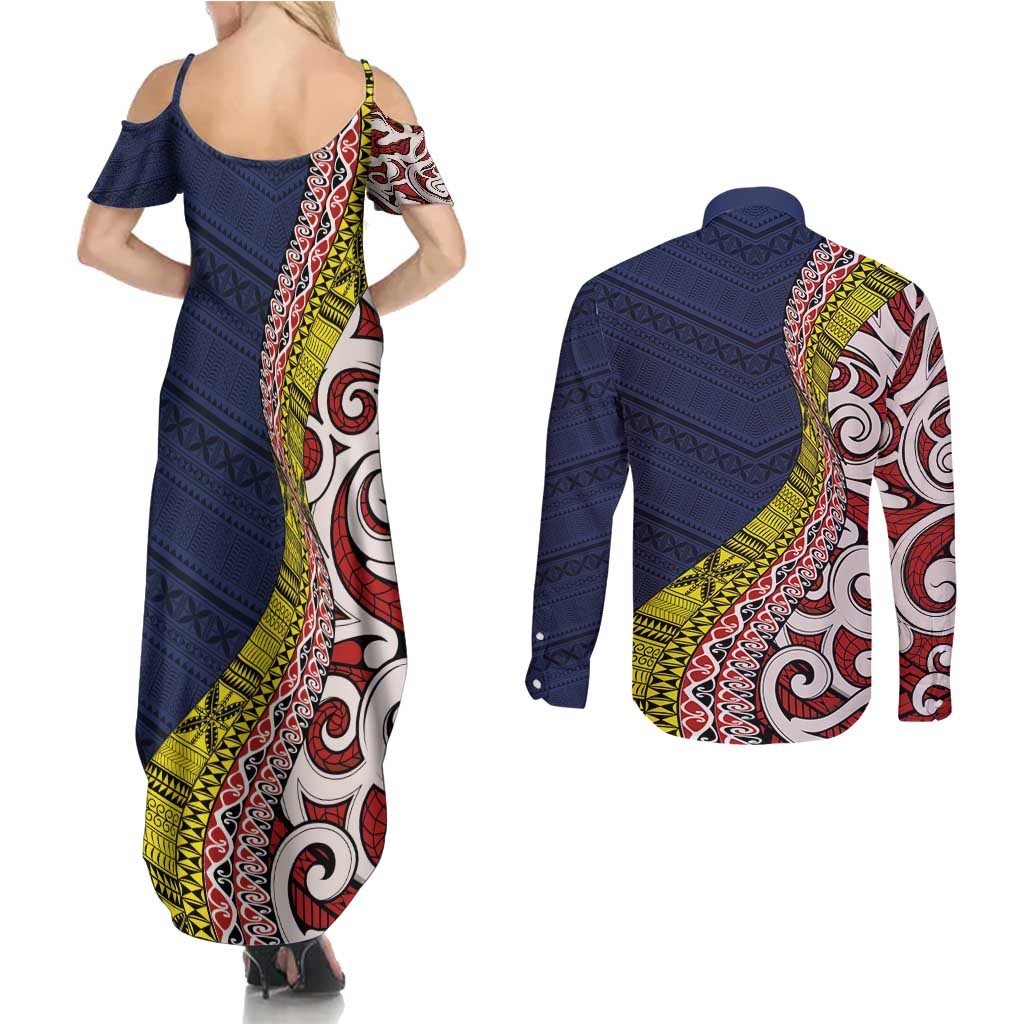 Aotearoa and Niue Couples Matching Summer Maxi Dress and Long Sleeve Button Shirt Hiapo Maori Stylized Koru