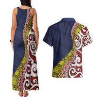 Aotearoa and Niue Couples Matching Tank Maxi Dress and Hawaiian Shirt Hiapo Maori Stylized Koru