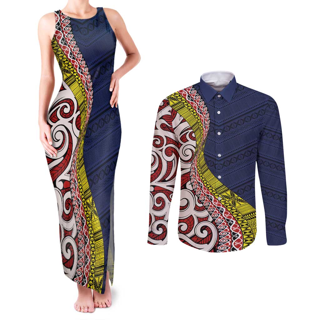 Aotearoa and Niue Couples Matching Tank Maxi Dress and Long Sleeve Button Shirt Hiapo Maori Stylized Koru