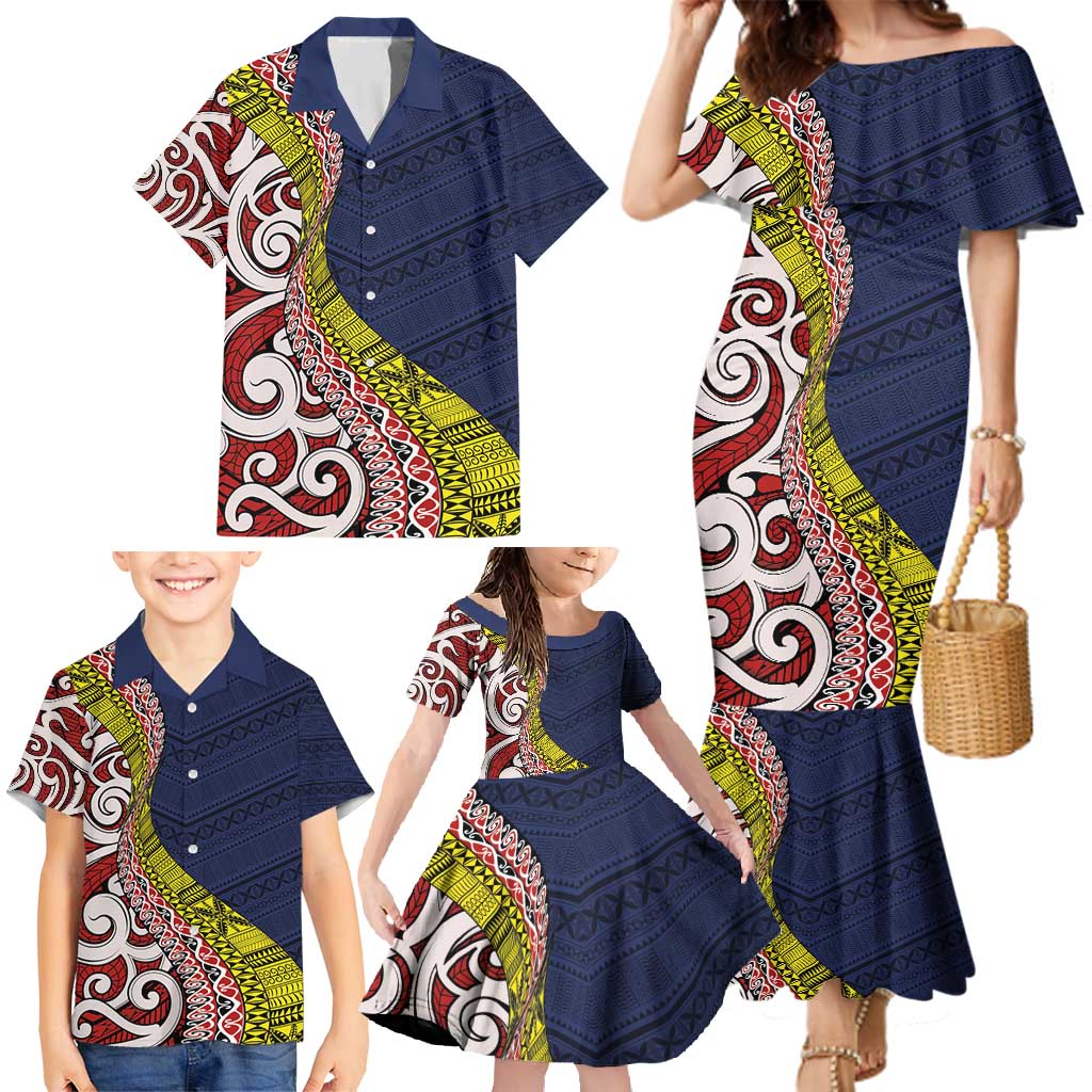 Aotearoa and Niue Family Matching Mermaid Dress and Hawaiian Shirt Hiapo Maori Stylized Koru