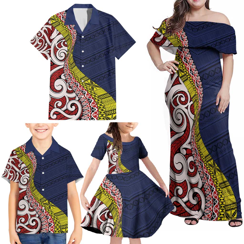 Aotearoa and Niue Family Matching Off Shoulder Maxi Dress and Hawaiian Shirt Hiapo Maori Stylized Koru