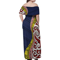 Aotearoa and Niue Family Matching Off Shoulder Maxi Dress and Hawaiian Shirt Hiapo Maori Stylized Koru
