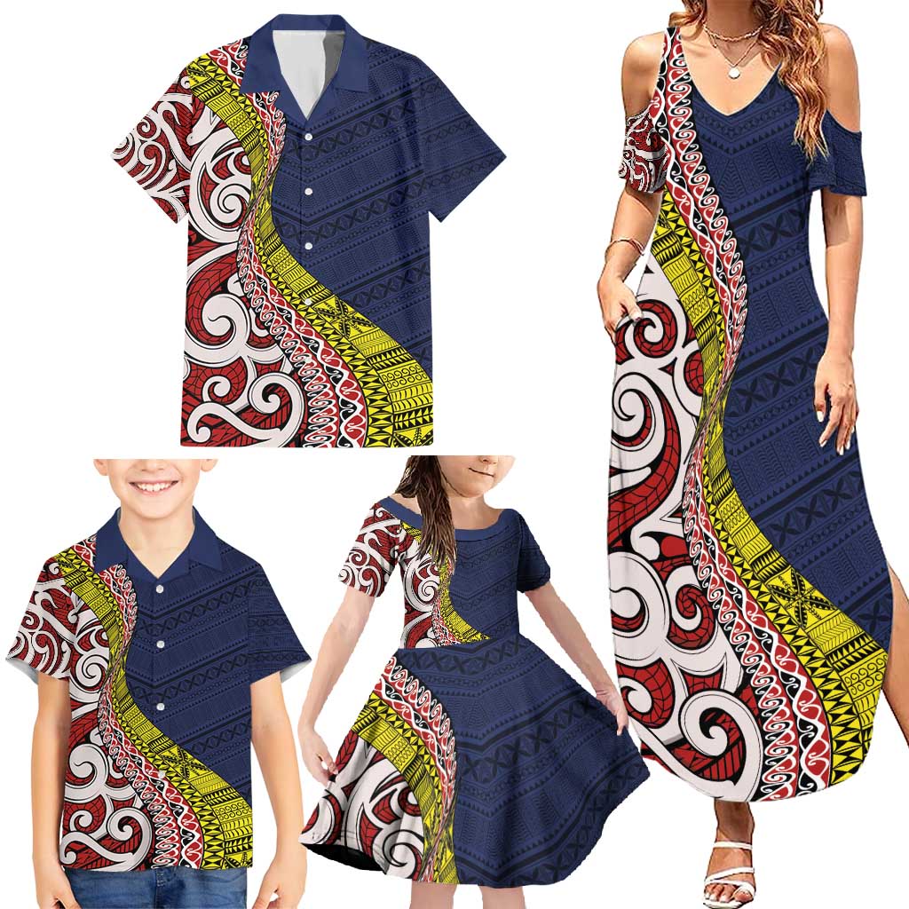 Aotearoa and Niue Family Matching Summer Maxi Dress and Hawaiian Shirt Hiapo Maori Stylized Koru