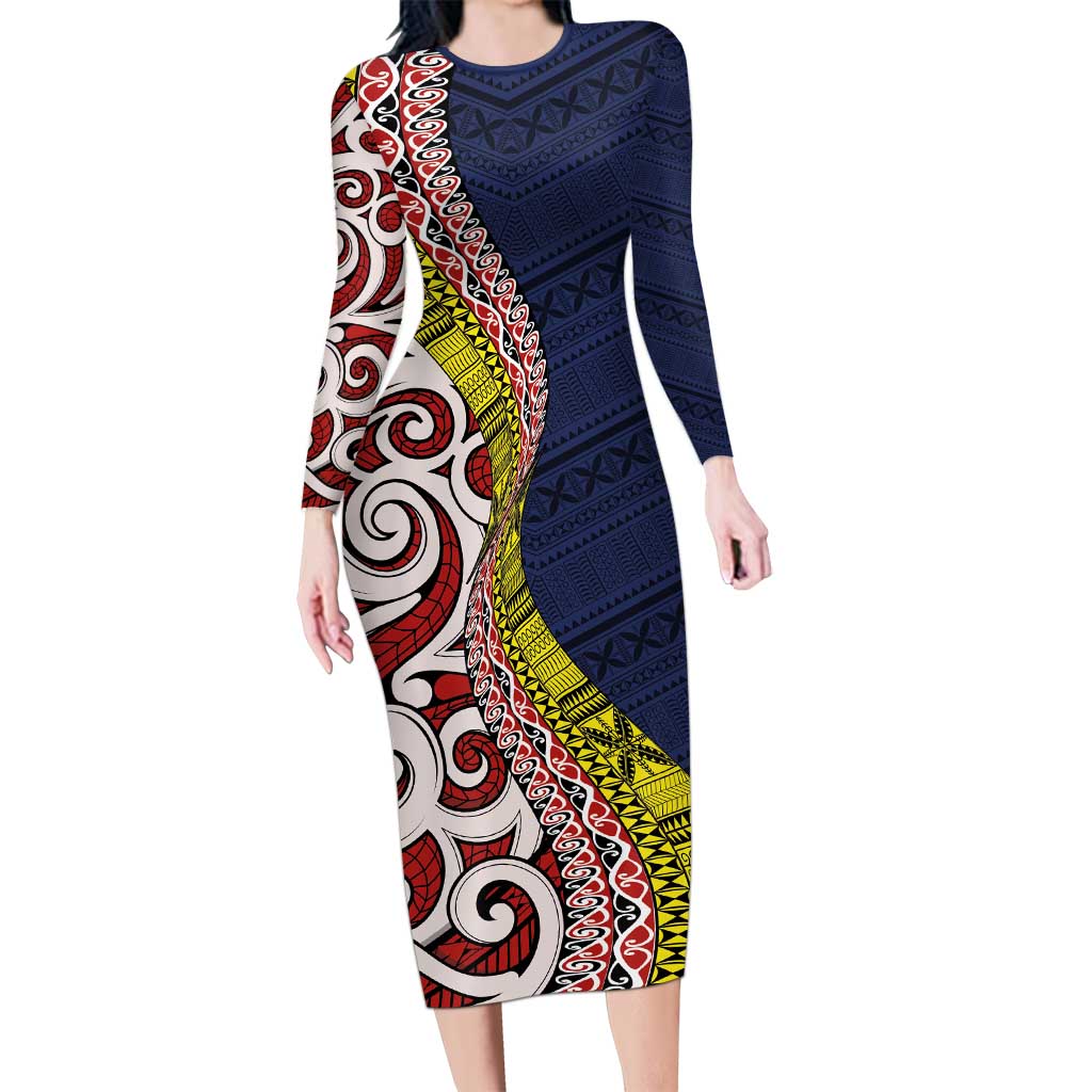 Aotearoa and Niue Long Sleeve Bodycon Dress Hiapo Maori Stylized Koru